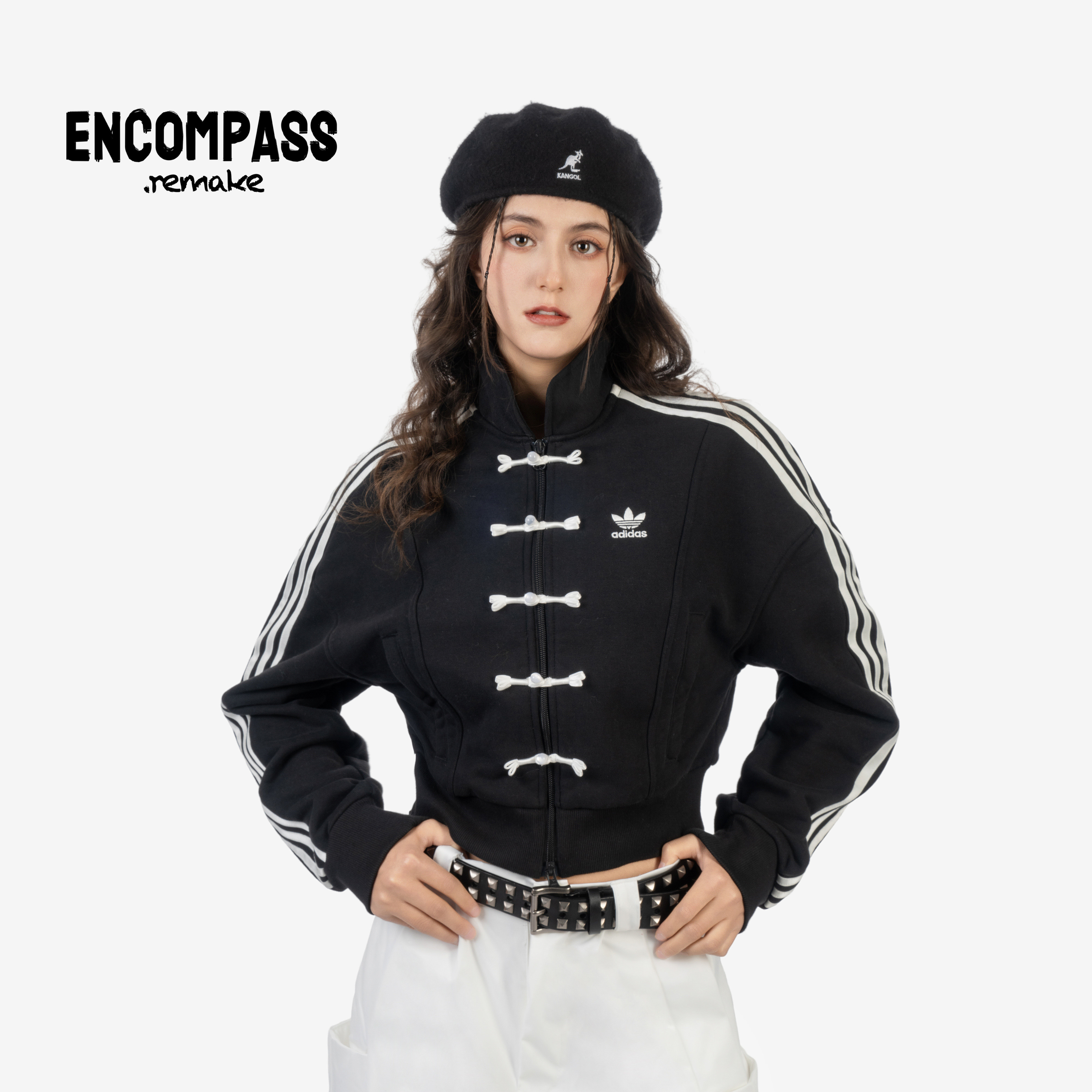 Adidas/三叶草 Remake 新中式盘扣黑白 高腰短款外套女 ENCOMPASS,淘宝优惠券,粉丝福利购,淘宝优惠卷