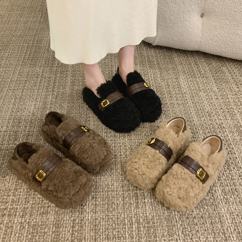 两穿毛毛鞋女2025年新款秋冬季厚底增高皮带扣加绒保暖一脚蹬棉鞋 - 图0