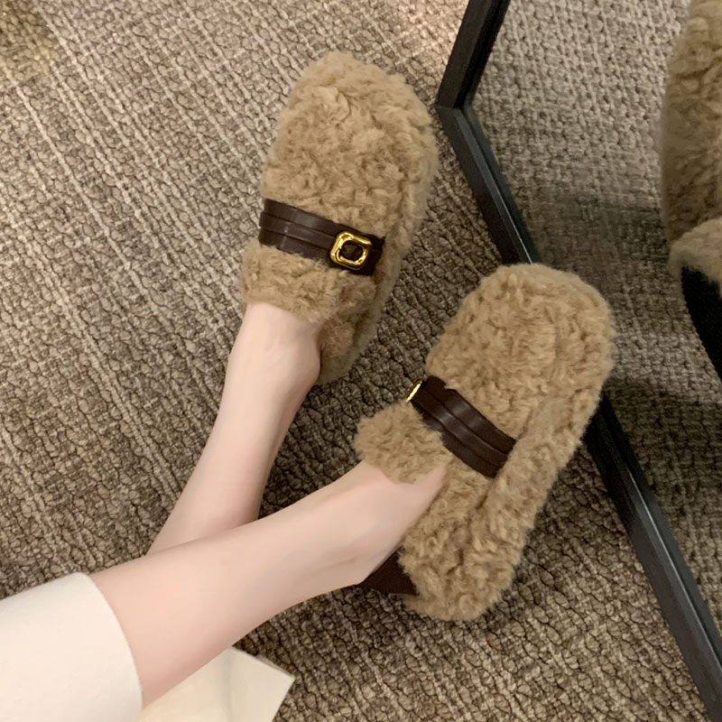 两穿毛毛鞋女2025年新款秋冬季厚底增高皮带扣加绒保暖一脚蹬棉鞋 - 图1