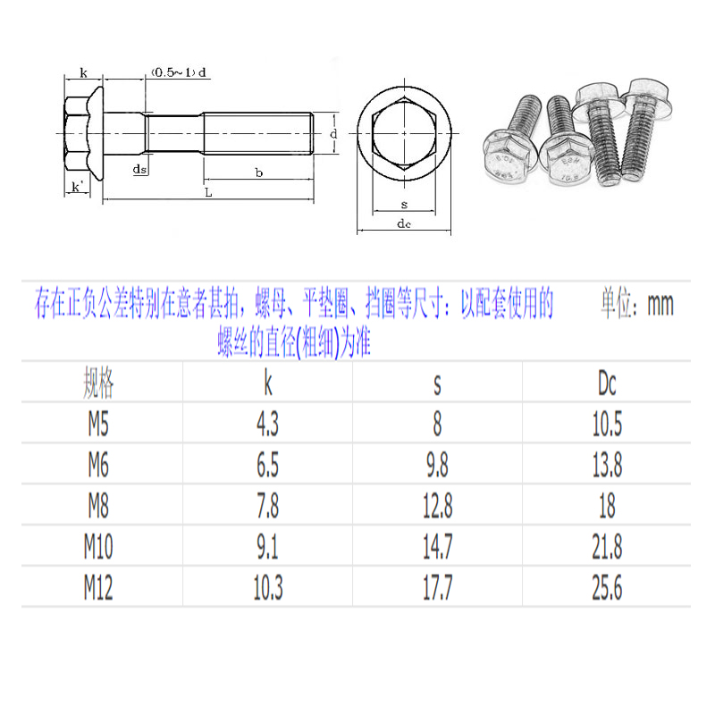 304不锈钢法兰面螺丝钉外六角螺栓带垫防滑带齿防松M4M5M6M8-M20