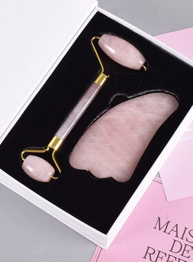 境热销天然粉晶玉石滚轮按摩器刮痧板套装面部美容保健全身通女