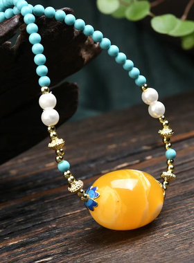 蜜蜡桶珠吊坠锁骨毛衣链项链鸡油黄妖白  带子可延长