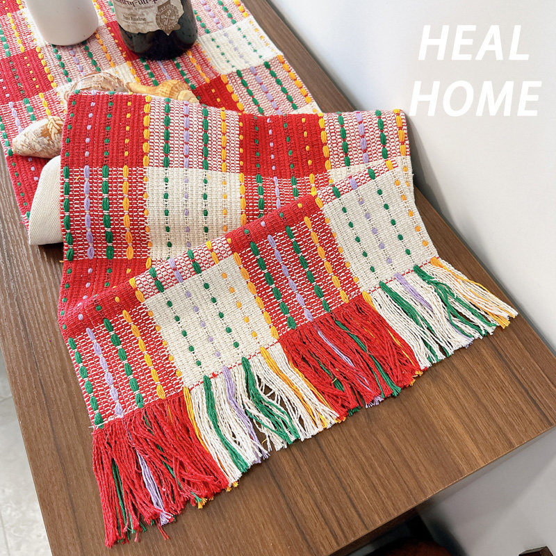 复古红白格编织流苏棉线长条桌旗桌布茶艺餐垫桌垫派对拍照道具布,淘宝优惠券,粉丝福利购,淘宝优惠卷