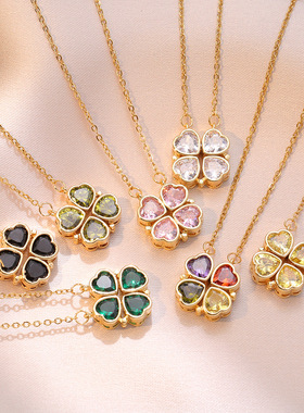 项链女新款一款两戴心连心开合四叶花项链时尚爱心折叠锁骨链