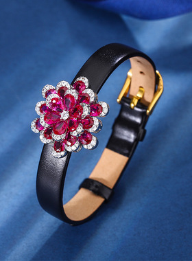 珠宝铜底镀金仿真红刚玉永生花高级轻奢套装女锁骨项链闪亮轻奢风