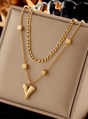 跨境时尚简约设计复古不锈钢多层链条爱心珍珠吊坠女士项链欧美