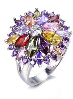 跨境彩色锆石戒指女款铜戒指微镶锆石奢华时尚饰品批发一件代发