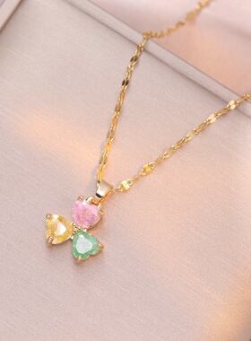 三色三叶草锆石项链 镶满锆蝴蝶兔子造型锁骨链 时尚百搭钛钢项链