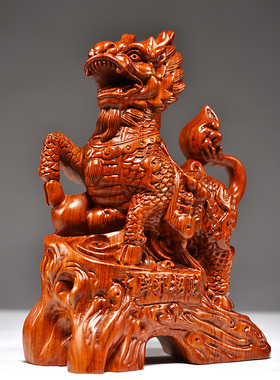 花梨木雕麒麟摆件实木质家居客厅电视柜玄关办公室寓意装饰工艺品