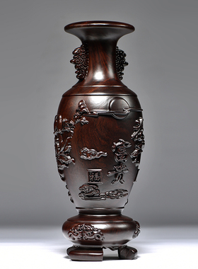 黑檀木雕花开富贵花瓶摆件家居电视柜插花落地装饰工艺品乔迁送礼