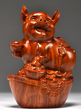 花梨木雕福猪摆件十二生肖三合动物家居客厅创意摆设红木工艺礼品