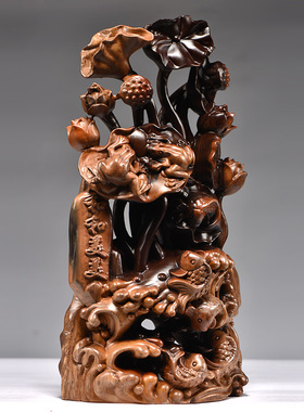 黑檀木雕刻年年有鱼根雕荷花动物摆件红木家居装饰工艺品桌面摆设