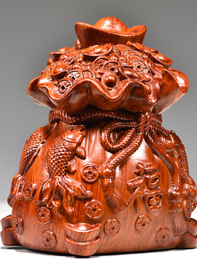 花梨木雕刻福袋子摆件实木制家居客厅桌面装饰品红木工艺品送礼品