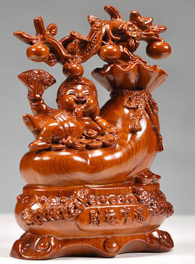 花梨木雕财运亨通摆件实木雕刻财神爷钱袋金元宝聚宝盆家居工艺品