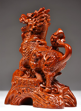 花梨木雕麒麟摆件实木质家居客厅电视柜玄关办公室寓意装饰工艺品