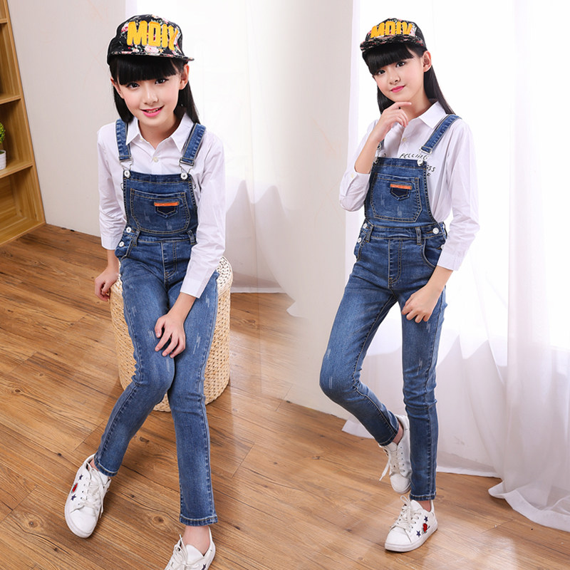 童装女童牛仔背带裤春秋装中大童修身小脚裤小女孩儿童吊带连体裤