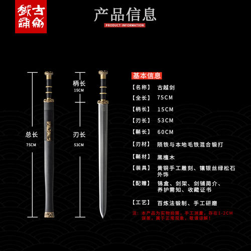 龙泉古越剑铺 郑国荣大师手工作品花纹钢宝剑传统短剑汉剑未开刃 - 图0