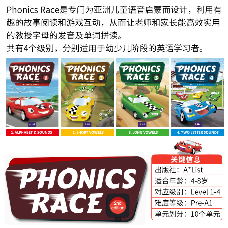 【自营】新版phonics race 1-4幼少儿自然拼读教材 字母发音规律  phonics拼读语音发音26个英文字母短元音长元音混合音含游戏软件 - 图1