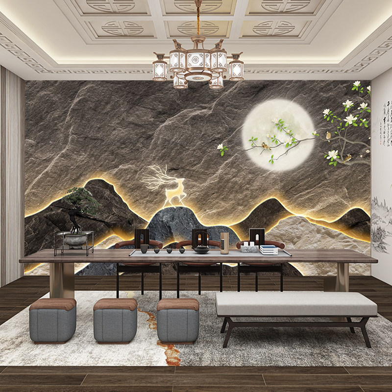 3d立体浮雕岩石墙纸中式多层假山岩板背景墙茶室餐厅饭店装修壁纸