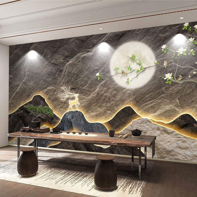 3d立体浮雕岩石墙纸中式多层假山岩板背景墙茶室餐厅饭店装修壁纸