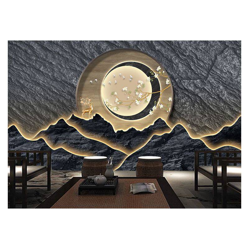 3d立体浮雕岩石墙纸中式多层假山岩板背景墙茶室餐厅饭店装修壁纸