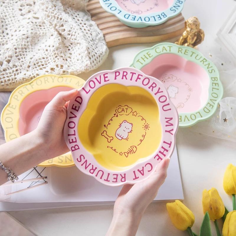 多巴胺陶瓷竹架宠物碗饭盆狗粮碗猫碗高脚防打翻喂水盆花边可爱碗 - 图1