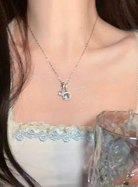 超闪蓝色水钻项链女清冷感