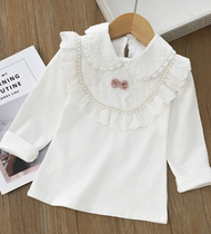 Fall Girl White Undershirt Child Elastic Turtlenecks Pearl Shirt Girl Lipped Lace Blouse