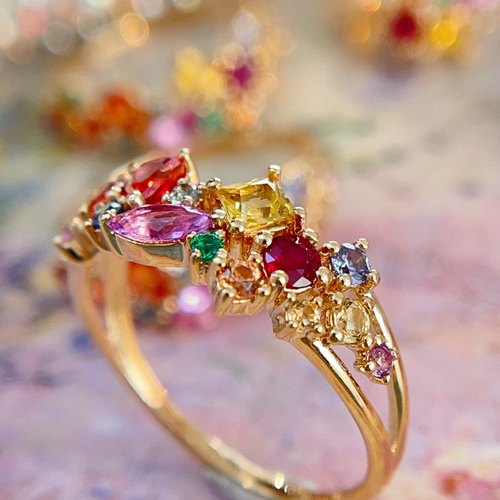 宝创集18K金镶嵌天然彩色蓝宝石红宝石祖母绿戒指彩虹排戒 - 图0