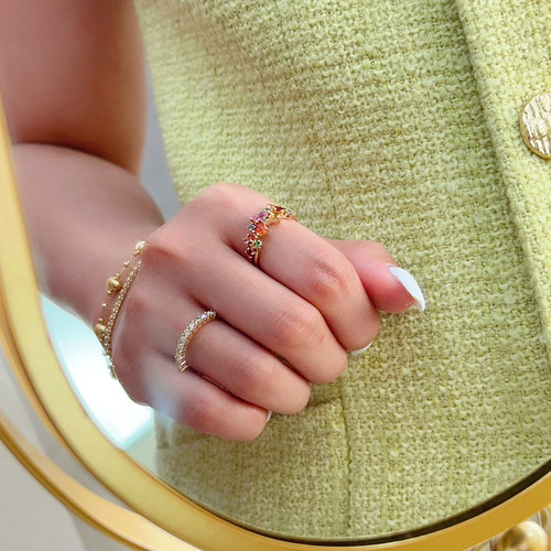 宝创集18K金镶嵌天然彩色蓝宝石红宝石祖母绿戒指彩虹排戒 - 图3