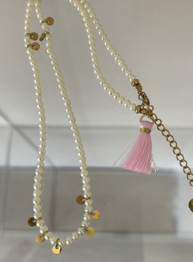 奶酪cheese宫廷风粉流苏项链 极细珍珠闪片前后两戴锁骨链 东方美