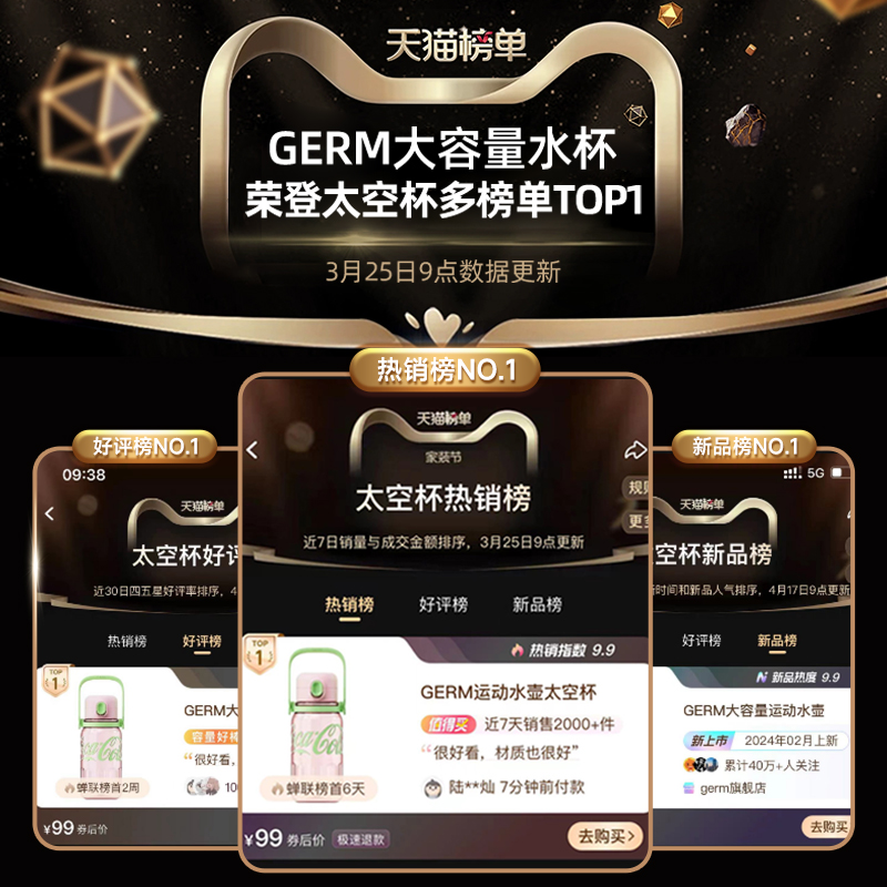 GERM可口可乐夏季水杯大容量运动水壶耐高温便携吸管杯子女太空杯 - 图0