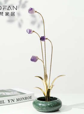 新中式轻奢黄铜兰花摆件高档客厅玄关玛瑙装饰乔迁开业招财