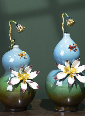 新中式珐琅彩陶瓷葫芦摆件轻奢客厅玄关办公室高档装饰工艺品