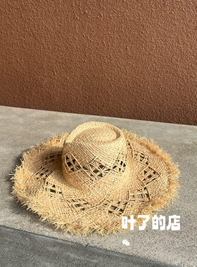 设计款儿童款拉菲草镂空草帽海边度假沙滩防晒遮阳草帽大帽檐帽子