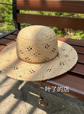 儿童拉菲草草帽  镂空编织男女童拍照摄影草帽户外沙滩遮阳草帽子