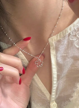 S925纯银韩版镂空小花珠珠项链女