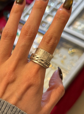 S925纯银金属纹理麻花编织戒指女