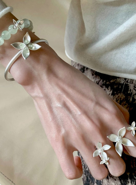 S925纯银超仙白花双戒指女清冷感