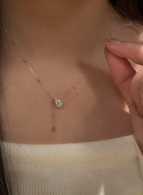 S925纯银闪钻金珠水滴流苏项链女