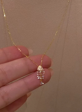 S925纯银满钻金色鱼骨项链2026女