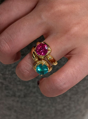 S925纯银红蓝宝石方糖戒指女轻奢