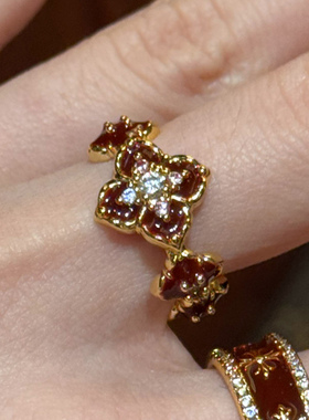 S925纯银红色滴釉鸢尾花戒指轻奢