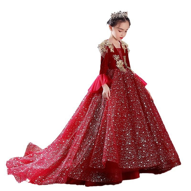 2025新款女童红色主持人礼服年服走秀生日蓬蓬纱儿童高级感公主裙,淘宝优惠券,粉丝福利购,淘宝优惠卷