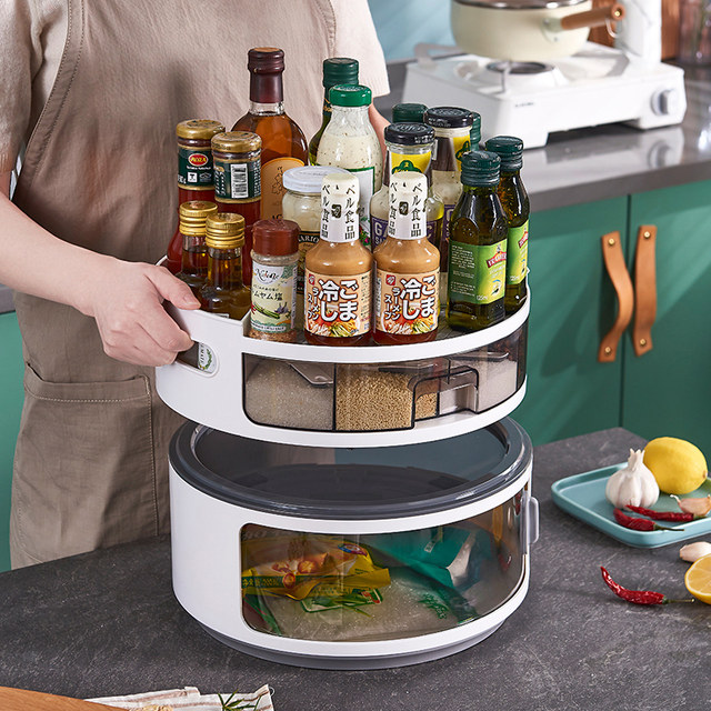 Rotating spice rack kitchen storage supplies for home use