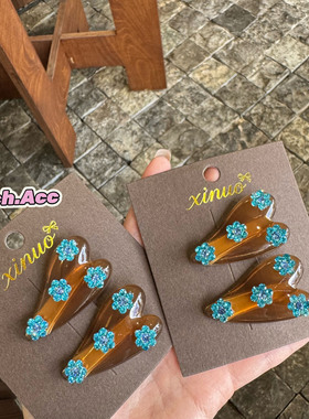 【实拍】超美配色~韩系蓝色花朵爱心发夹气质高级精致刘海发饰新