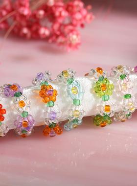 Elastic crystal bead ring flower ring female color彩色戒指