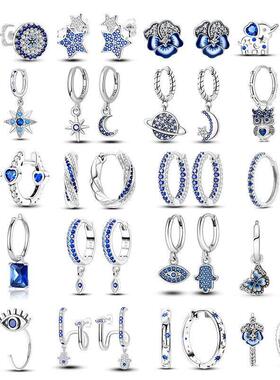 Shining Blue Zircon Owl Earrings 925 Silver Evil Eyes Earrin