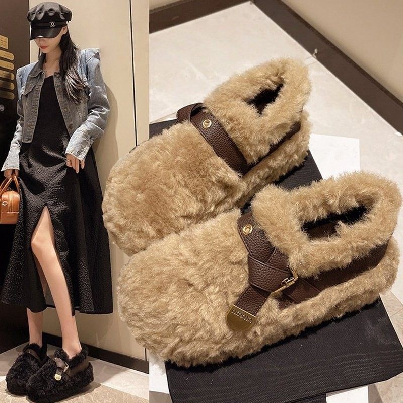 英国厚底羊羔绒毛毛鞋女冬季2025新款超火一脚蹬棕色加绒豆豆棉鞋,淘宝优惠券,粉丝福利购,淘宝优惠卷