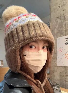 费尔岛风帽子女生冬护耳冬季川西旅游拍照大头大码针织包头雷锋帽